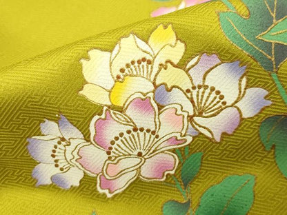 平和屋着物●小振袖 二尺袖 草花文 金彩 洗える着物 CABB0280gh
