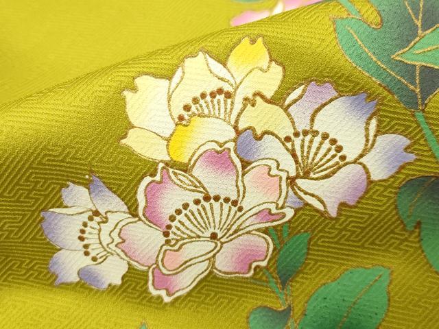 平和屋着物●小振袖 二尺袖 草花文 金彩 洗える着物 CABB0280gh