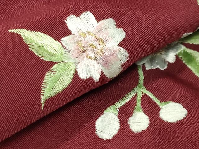 平和屋着物●女性 行灯袴 総刺繍 枝垂れ桜文 小豆色 金糸 洗える着物 CABB0283gh