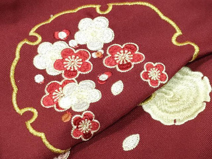 平和屋着物●女性 行灯袴 総刺繍 雪輪梅文 蘇芳色 金糸 洗える着物 CABB0292gh
