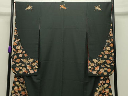 平和屋着物●振袖　折り鶴玩具文　黒地　洗える着物　CABB0317gh