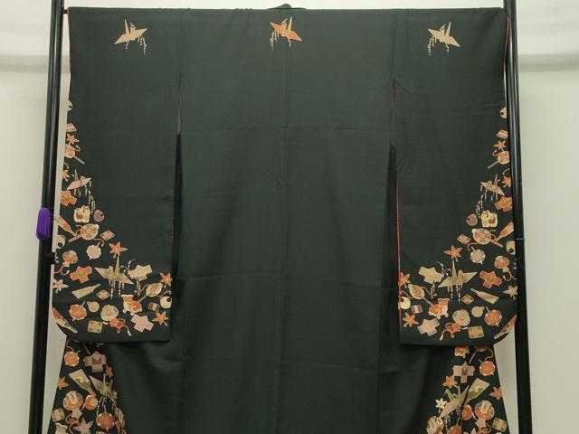平和屋着物●振袖　折り鶴玩具文　黒地　洗える着物　CABB0317gh