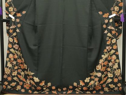 平和屋着物●振袖　折り鶴玩具文　黒地　洗える着物　CABB0317gh