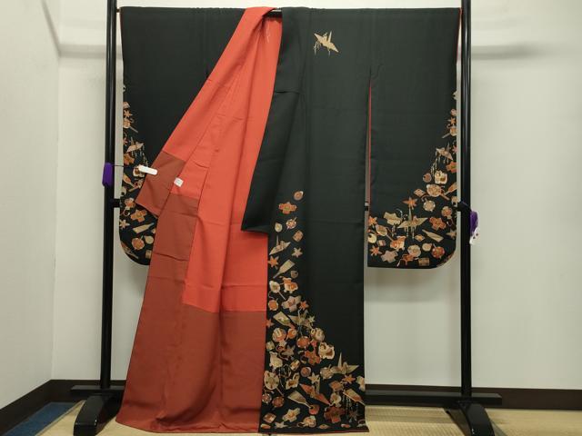 平和屋着物●振袖　折り鶴玩具文　黒地　洗える着物　CABB0317gh
