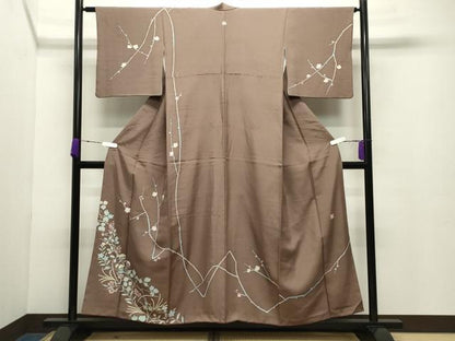 平和屋着物●訪問着 白山紬 友禅 作家物 枝梅花文 正絹 逸品 CABB0319gh