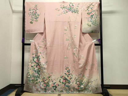 平和屋着物●訪問着 休み鳥花文 暈し染め 金彩 ロング丈 正絹 逸品 未使用 CABB0335gh