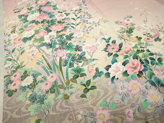 平和屋着物●訪問着 休み鳥花文 暈し染め 金彩 ロング丈 正絹 逸品 未使用 CABB0335gh