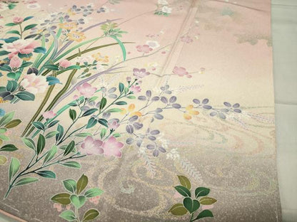 平和屋着物●訪問着 休み鳥花文 暈し染め 金彩 ロング丈 正絹 逸品 未使用 CABB0335gh