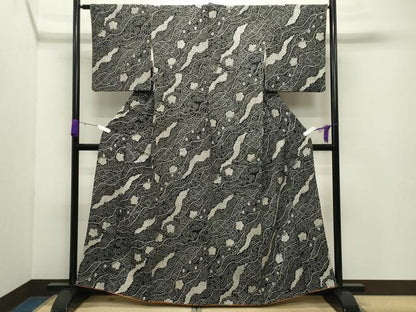 平和屋着物●上質な小紋 総絞り 立波花文 黒地 正絹 逸品 CABB0344gh