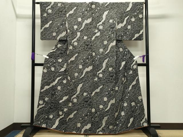 平和屋着物●上質な小紋 総絞り 立波花文 黒地 正絹 逸品 CABB0344gh