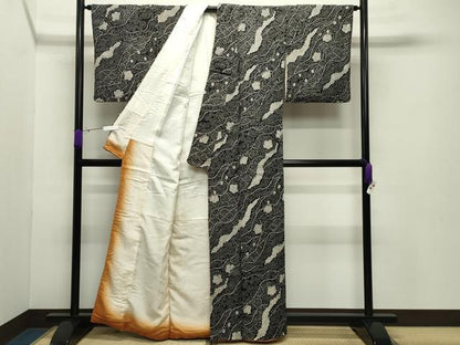 平和屋着物●上質な小紋 総絞り 立波花文 黒地 正絹 逸品 CABB0344gh