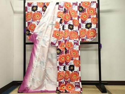 平和屋着物●小振袖 二尺袖 市松花唐草文 洗える着物 未使用 CABB0356gh