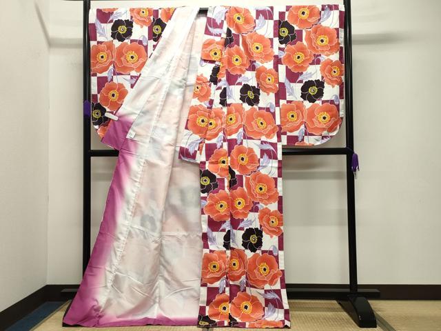 平和屋着物●小振袖 二尺袖 市松花唐草文 洗える着物 未使用 CABB0356gh