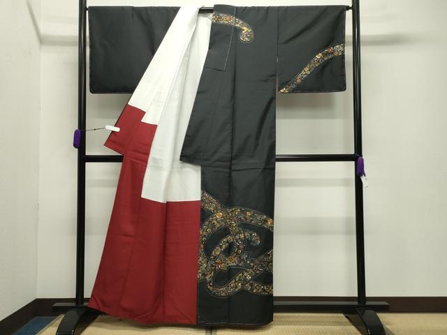 平和屋着物●中国三大刺繍スワトウ刺繍総刺繍訪問着本場縞大島紬結び紐花文金糸切子大島謹製証紙付き 正絹 逸品 未使用 CABB0370gh