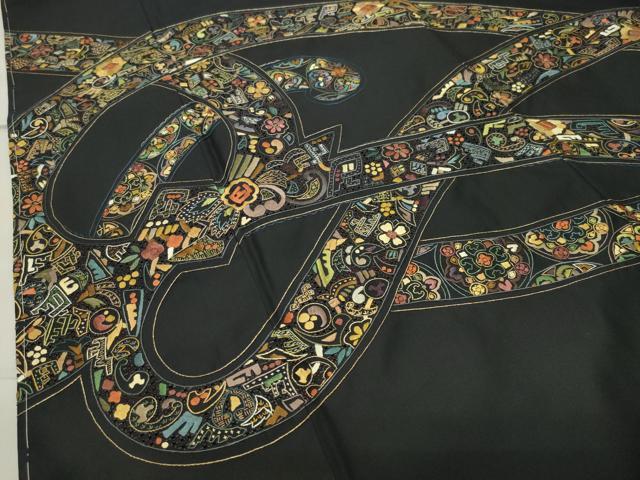 平和屋着物●中国三大刺繍スワトウ刺繍総刺繍訪問着本場縞大島紬結び紐花文金糸切子大島謹製証紙付き 正絹 逸品 未使用 CABB0370gh