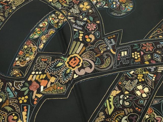 平和屋着物●中国三大刺繍スワトウ刺繍総刺繍訪問着本場縞大島紬結び紐花文金糸切子大島謹製証紙付き 正絹 逸品 未使用 CABB0370gh