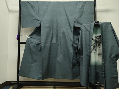 平和屋着物●男性 紬 アンサンブル 霞文 湊鼠色 正絹 逸品 CABB0372gh