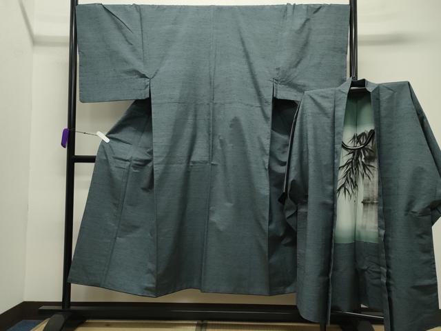平和屋着物●男性 紬 アンサンブル 霞文 湊鼠色 正絹 逸品 CABB0372gh