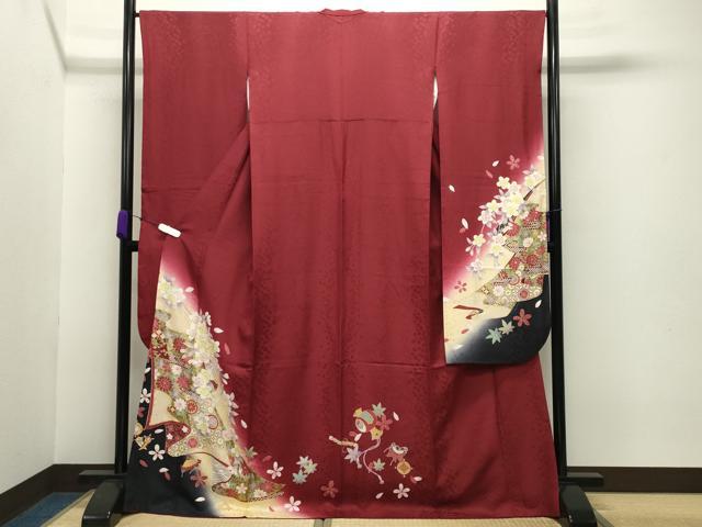 平和屋着物●豪華振袖 駒刺繍 宝尽くし舞桜文 暈し染め 金彩 京都きもの友禅扱い 正絹 逸品 CABB0387gh