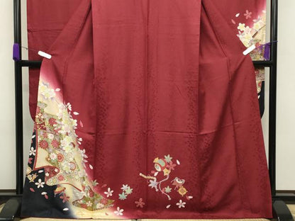 平和屋着物●豪華振袖 駒刺繍 宝尽くし舞桜文 暈し染め 金彩 京都きもの友禅扱い 正絹 逸品 CABB0387gh