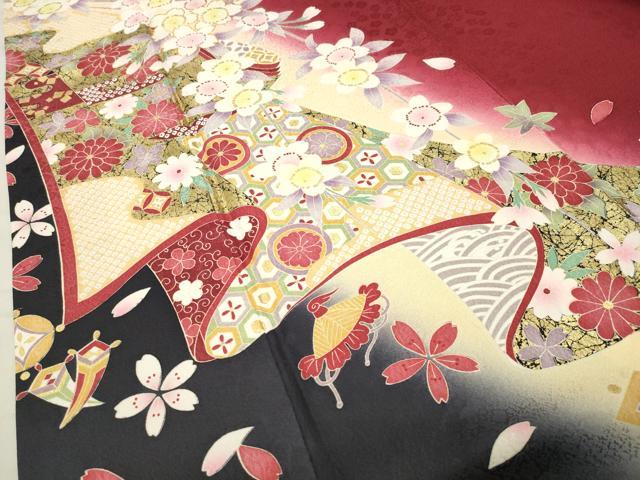 平和屋着物●豪華振袖 駒刺繍 宝尽くし舞桜文 暈し染め 金彩 京都きもの友禅扱い 正絹 逸品 CABB0387gh