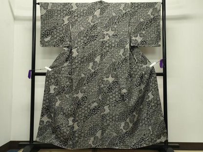 平和屋着物●上質な小紋　総絞り　麻の葉吉祥花文　黒地　正絹　逸品　未使用　CABB0395gh