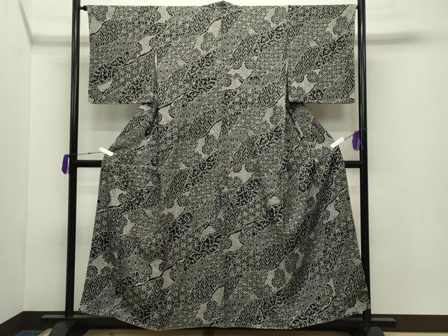 平和屋着物●上質な小紋　総絞り　麻の葉吉祥花文　黒地　正絹　逸品　未使用　CABB0395gh