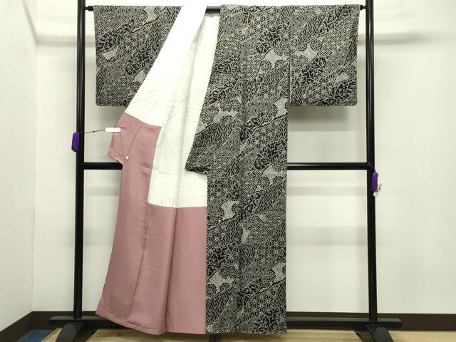 平和屋着物●上質な小紋　総絞り　麻の葉吉祥花文　黒地　正絹　逸品　未使用　CABB0395gh