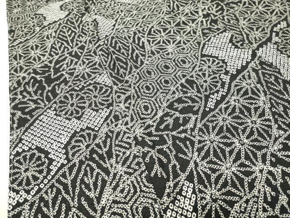 平和屋着物●上質な小紋　総絞り　麻の葉吉祥花文　黒地　正絹　逸品　未使用　CABB0395gh