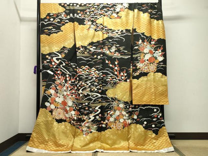 平和屋着物●豪華振袖　花車文　黒地　金彩　仮絵羽　逸品　未使用　CABB0397gh