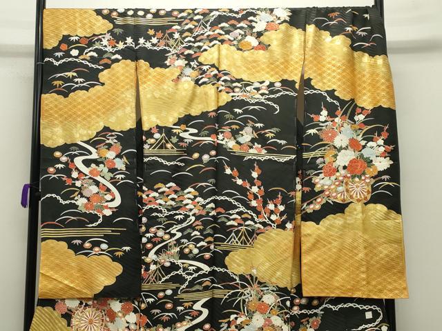 平和屋着物●豪華振袖　花車文　黒地　金彩　仮絵羽　逸品　未使用　CABB0397gh