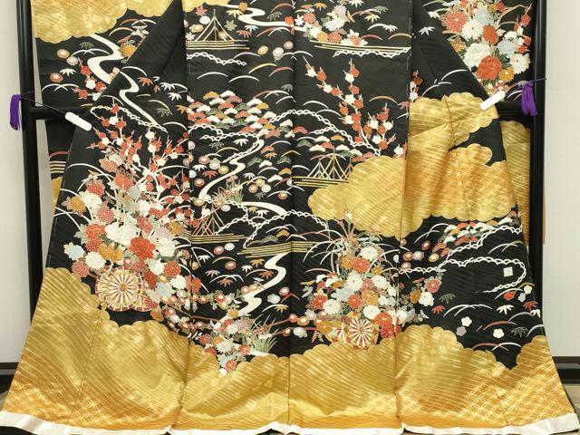 平和屋着物●豪華振袖　花車文　黒地　金彩　仮絵羽　逸品　未使用　CABB0397gh