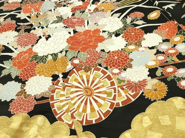 平和屋着物●豪華振袖　花車文　黒地　金彩　仮絵羽　逸品　未使用　CABB0397gh