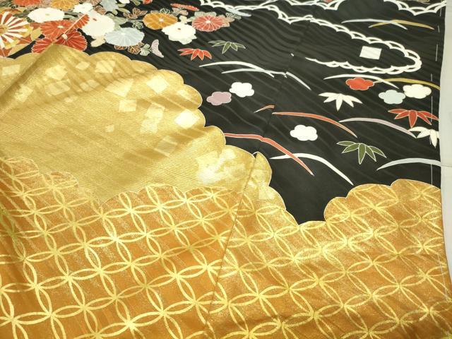 平和屋着物●豪華振袖　花車文　黒地　金彩　仮絵羽　逸品　未使用　CABB0397gh