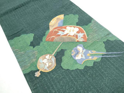 平和屋着物▽スリーシーズン 春夏秋 太鼓柄袋帯 すくい織 櫛 簪 花蝶文 金糸 正絹 逸品 CABB0410hy