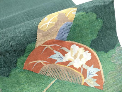 平和屋着物▽スリーシーズン 春夏秋 太鼓柄袋帯 すくい織 櫛 簪 花蝶文 金糸 正絹 逸品 CABB0410hy