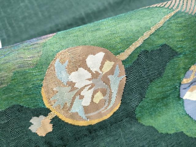 平和屋着物▽スリーシーズン 春夏秋 太鼓柄袋帯 すくい織 櫛 簪 花蝶文 金糸 正絹 逸品 CABB0410hy