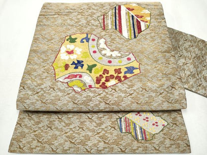 平和屋着物●九寸名古屋帯　総刺繍　花鳥文　金糸　正絹　逸品　CABB0442hy