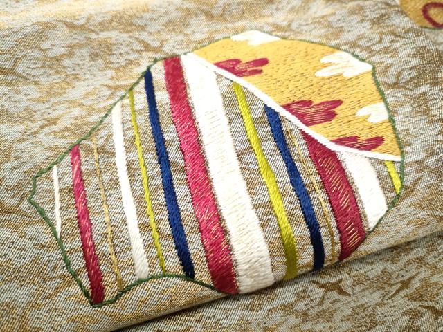 平和屋着物●九寸名古屋帯　総刺繍　花鳥文　金糸　正絹　逸品　CABB0442hy