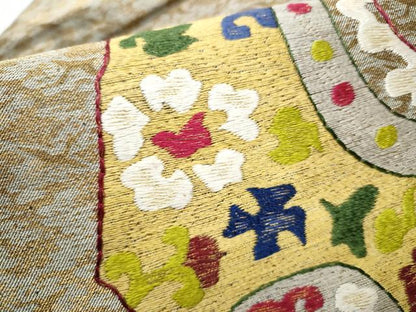 平和屋着物●九寸名古屋帯　総刺繍　花鳥文　金糸　正絹　逸品　CABB0442hy