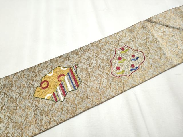 平和屋着物●九寸名古屋帯　総刺繍　花鳥文　金糸　正絹　逸品　CABB0442hy