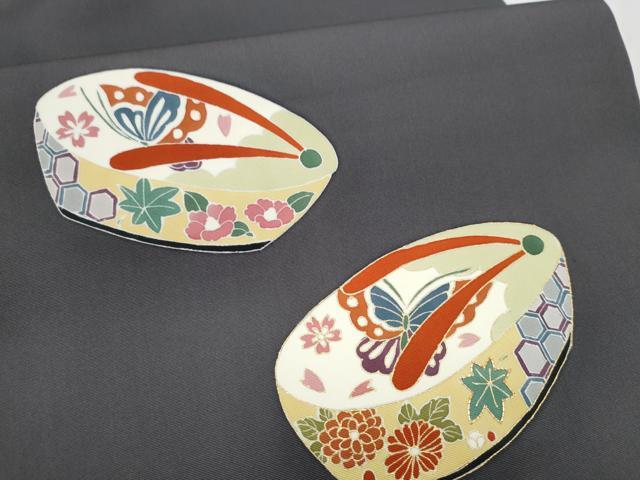 平和屋着物●塩瀬　九寸開き名古屋帯　駒刺繍　下駄　花蝶文　金彩　正絹　逸品　CABB0461hy