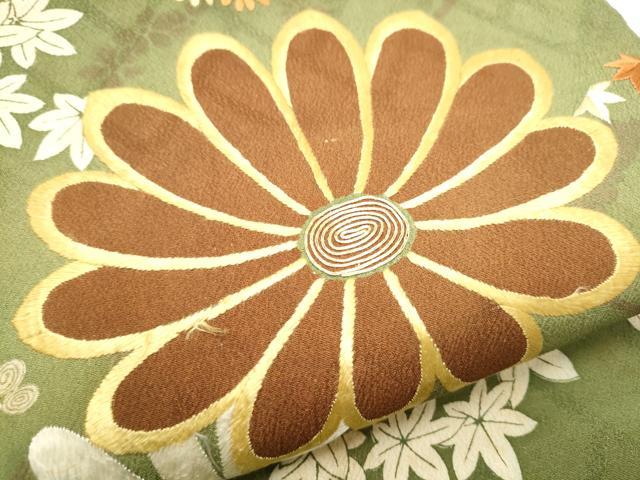 平和屋着物●アンティーク 大正ロマン 丸帯 駒刺繍 舞花文 引き抜き帯 正絹 逸品 CABB0467hy