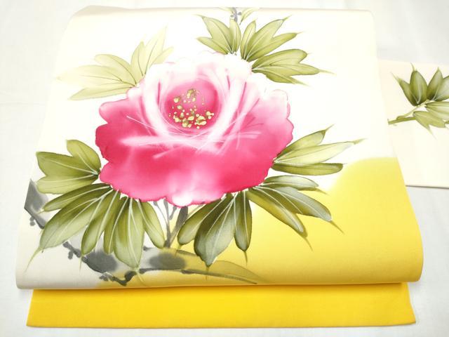 平和屋着物●塩瀬 九寸名古屋帯 手描き 舞花文 金彩 正絹 逸品 CABB0491hy