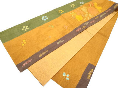 平和屋着物●六通柄 京袋帯 紬地 絞り 草花文 正絹 逸品 CABB0504hy