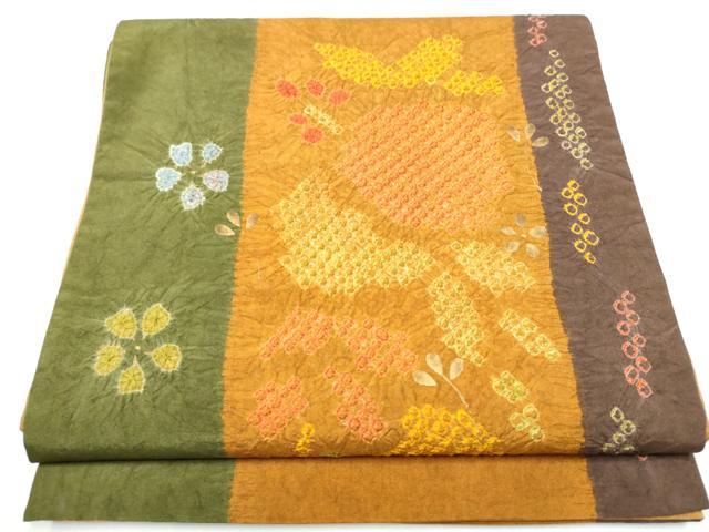 平和屋着物●六通柄 京袋帯 紬地 絞り 草花文 正絹 逸品 CABB0504hy