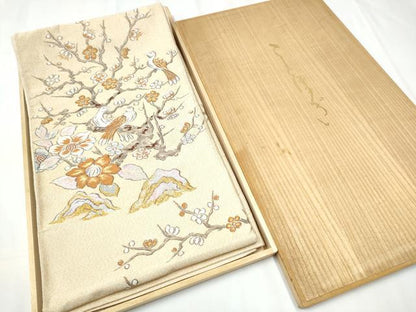 平和屋着物●六通柄袋帯　綴れ　休み鳥枝花文　金銀糸　共箱付き　正絹　逸品　CABB0512hy