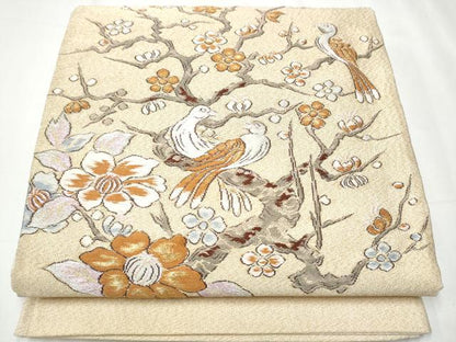 平和屋着物●六通柄袋帯　綴れ　休み鳥枝花文　金銀糸　共箱付き　正絹　逸品　CABB0512hy