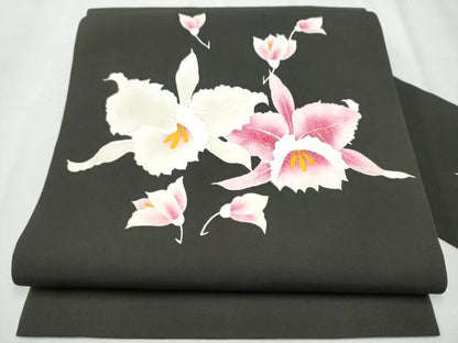 平和屋着物●塩瀬 九寸名古屋帯 カトレア 黒地 正絹 逸品 CABB0557hy