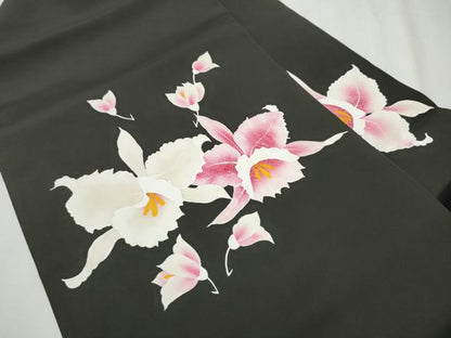平和屋着物●塩瀬 九寸名古屋帯 カトレア 黒地 正絹 逸品 CABB0557hy